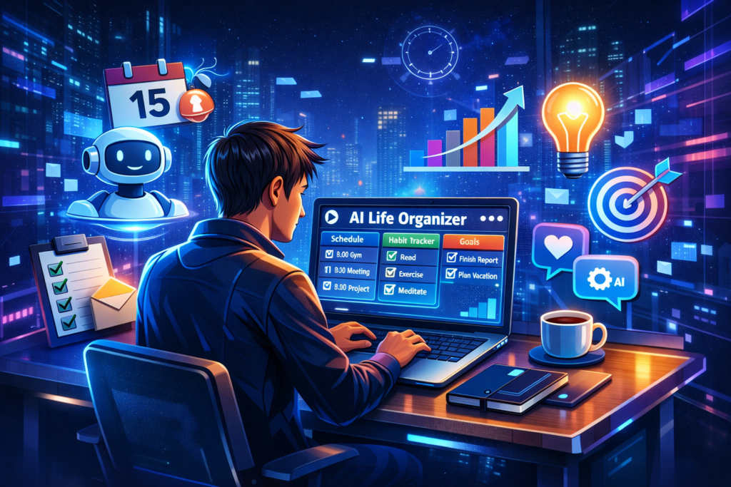 Person using futuristic AI life organizer with holographic screens, robot assistant, and glowing cityscape in neon blue and purple tones.
