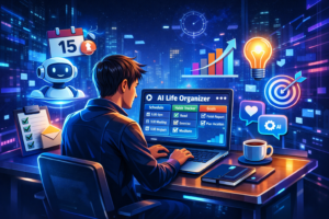Person using futuristic AI life organizer with holographic screens, robot assistant, and glowing cityscape in neon blue and purple tones.