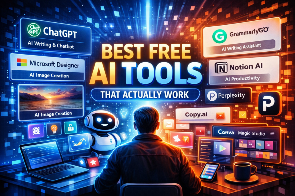 Futuristic illustration of best free AI tools including ChatGPT, Microsoft Designer, GrammarlyGO, Notion AI, and Canva Magic Studio displayed on holographic screens