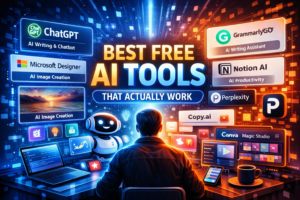 Futuristic illustration of best free AI tools including ChatGPT, Microsoft Designer, GrammarlyGO, Notion AI, and Canva Magic Studio displayed on holographic screens