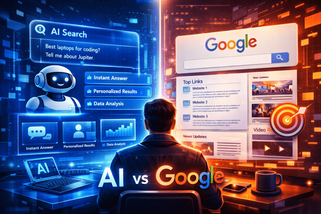 Futuristic AI assistant comparing conversational search with Google’s link results, holographic screens showing data analysis and user queries