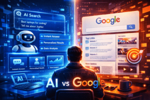 Futuristic AI assistant comparing conversational search with Google’s link results, holographic screens showing data analysis and user queries