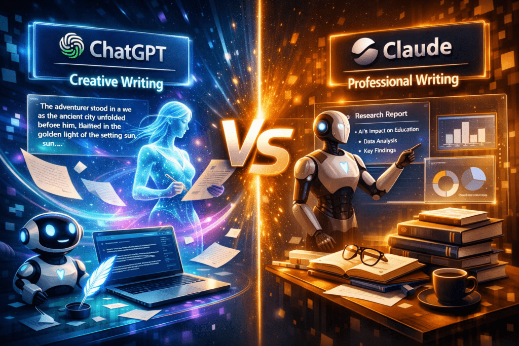 “Cinematic split‑scene illustration comparing ChatGPT’s creative writing style with Claude’s professional analytical tone, featuring holographic text and glowing AI interfaces.”