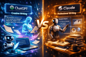 “Cinematic split‑scene illustration comparing ChatGPT’s creative writing style with Claude’s professional analytical tone, featuring holographic text and glowing AI interfaces.”