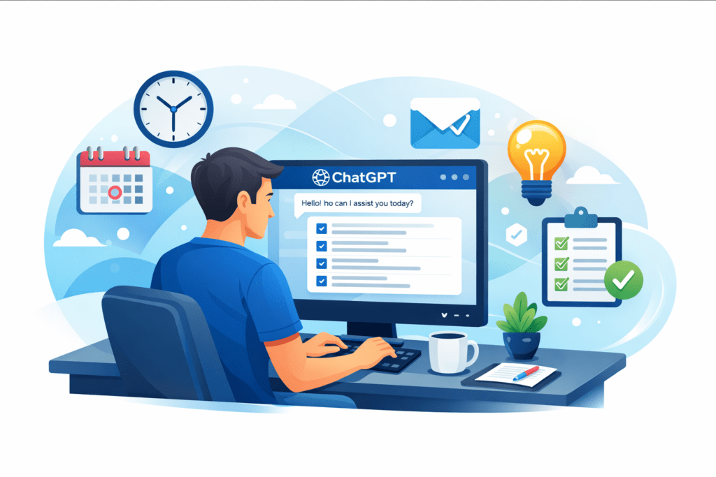 Modern illustration of ChatGPT for daily productivity with icons of calendar, checklist, email, and lightbulb