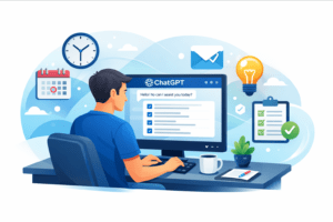 Modern illustration of ChatGPT for daily productivity with icons of calendar, checklist, email, and lightbulb