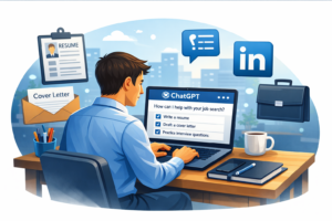Job seeker using ChatGPT to create resumes, cover letters, and prepare for interviews with LinkedIn and briefcase icons in a modern illustration.