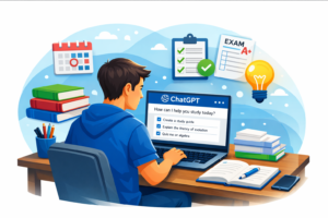 Student using ChatGPT for daily study productivity with icons of books, checklist, exam paper, calendar, and lightbulb in a modern illustration