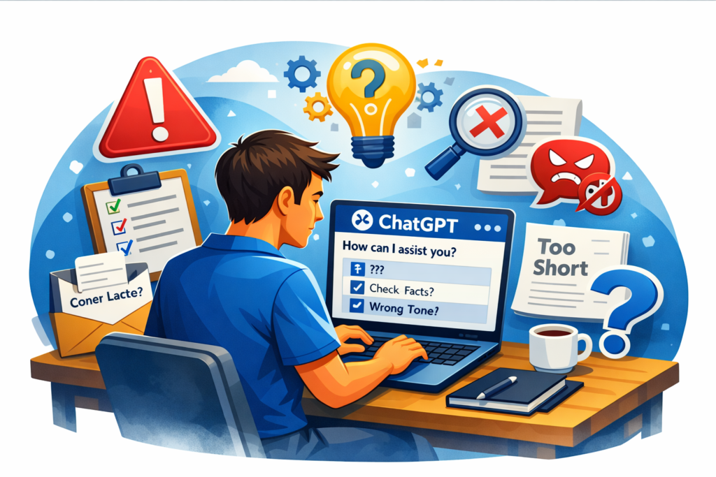 Beginner using ChatGPT on a laptop surrounded by icons of warning signs, lightbulb, checklist, and question marks representing common mistakes