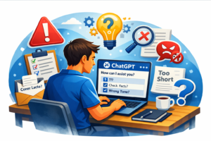 Beginner using ChatGPT on a laptop surrounded by icons of warning signs, lightbulb, checklist, and question marks representing common mistakes