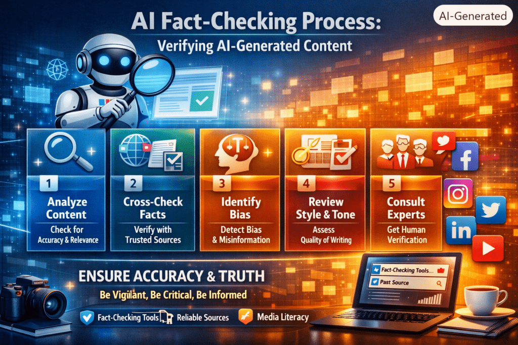 A human researcher verifying AI-generated content using a laptop while a futuristic AI assistant displays digital fact-checking tools, verification icons, and data analytics on holographic screens.