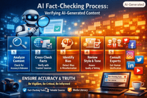 A human researcher verifying AI-generated content using a laptop while a futuristic AI assistant displays digital fact-checking tools, verification icons, and data analytics on holographic screens.
